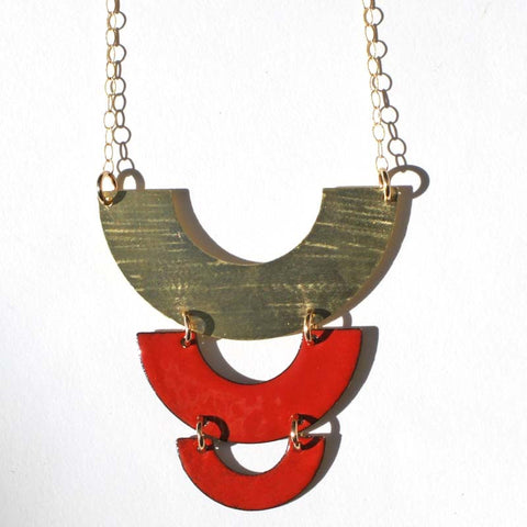 Talia Brown: Necklace - brass & enamel tiered arc red