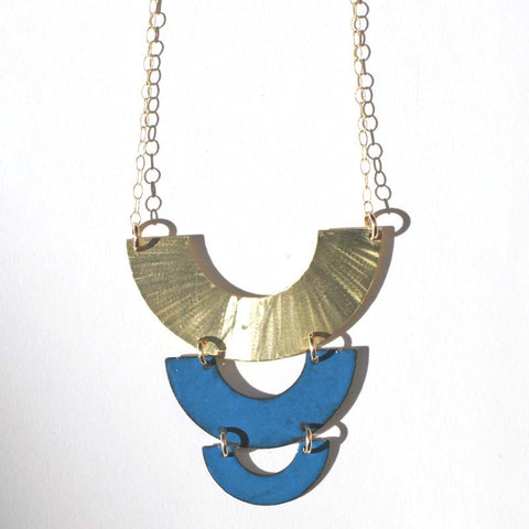 Talia Brown: Necklace - brass & enamel tiered arc blue